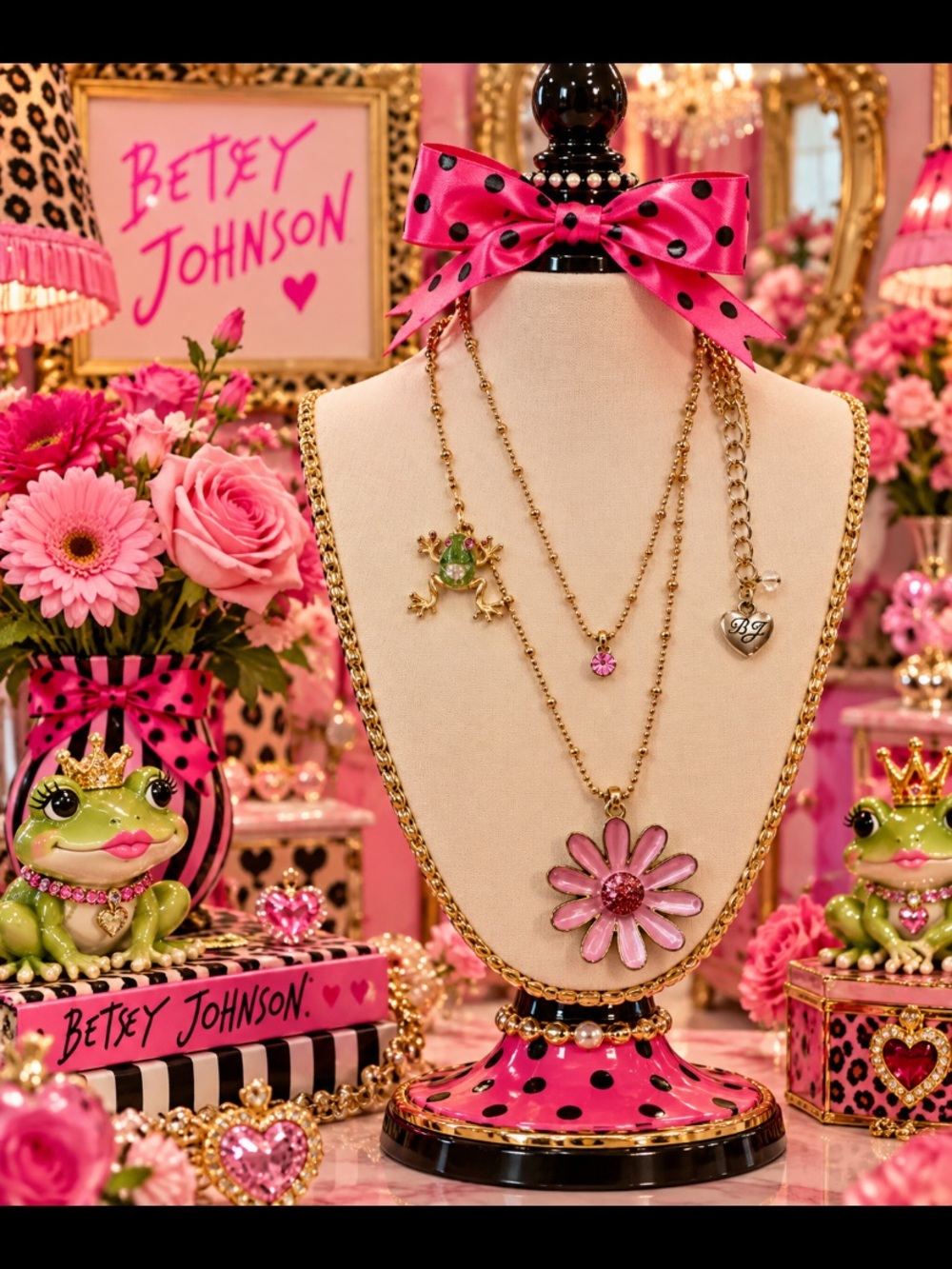 Vintage Betsey Johnson pink flower frog layered necklace